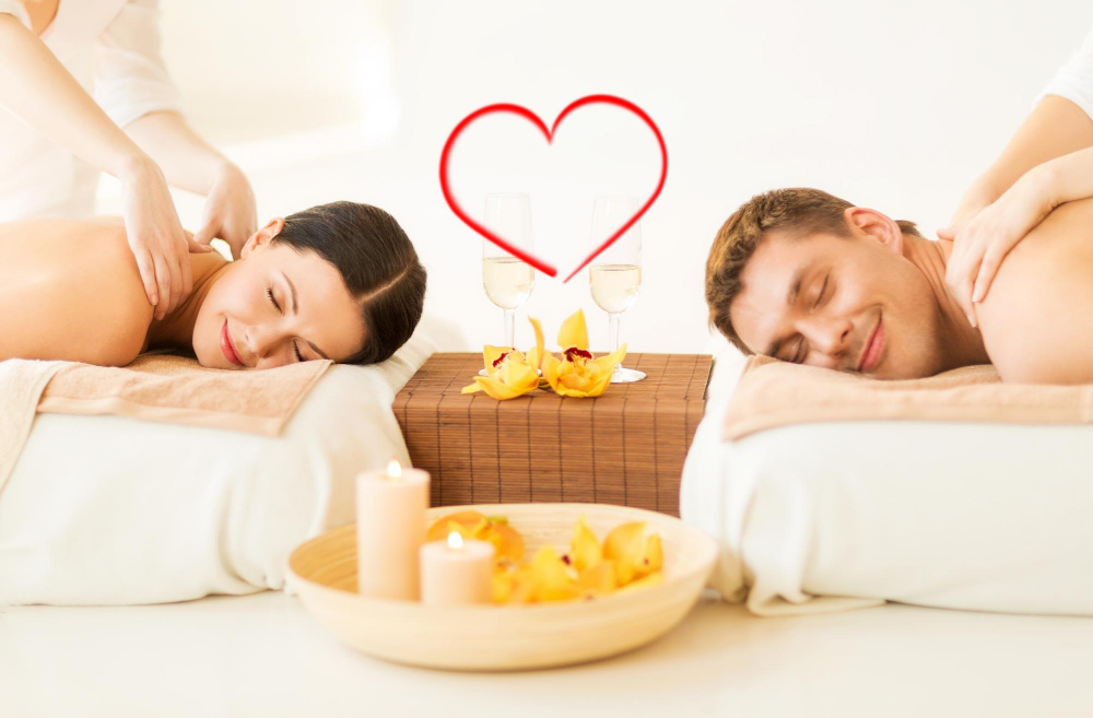 Spa Beauty Love Happiness Concept Smiling Couple With Candles Flowers Champagne Glasses Getting Massage Spa Salon